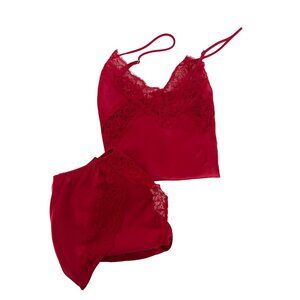 Victoria's Secret Red Silky Lace Trim Camisole & Shorts Set
